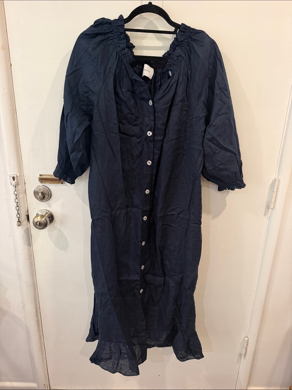 Sleeper Navy Button-Down Maxi Dress with Ruffle Collar